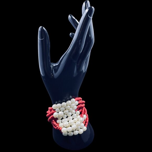 Chunky Pearl Beaded Bracelet Red White Statement Stretch Boho Layered Y2K - Picture 4 of 10